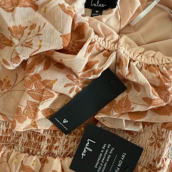 Lulus Love & Blooms Blush Floral Print Off Shoulder Dress M Peach NWT IN PKG - Picture 7 of 9